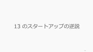 118
スタートアップとは、
君が世界を変えられると、
君⾃⾝が説得できた⼈たちの集まりだ。
最⾼のスタートアップは、究極よりも
少しマイルドなカルトと⾔っていい。…
成功するスタートアップは、外の⼈が⾒逃
していることを正しく信奉している。
- Peter Thiel ”Zero to One”
 