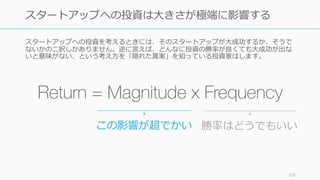 • ヒットの打率はどうでもよく、⼤振りかホームランかを狙う
べき
• 単純なポートフォリオを組むべきではなく、⼤きく跳ねるも
のだけに投資するべき
• 成功したかどうかがはすぐに分かるのではなく、⼗分な時間
がないと分からない（資⾦調達は成功の指標とならない）
• 歴史は流れるのではなく、歴史は断続的
135
ベンチャー投資の反直観性
 