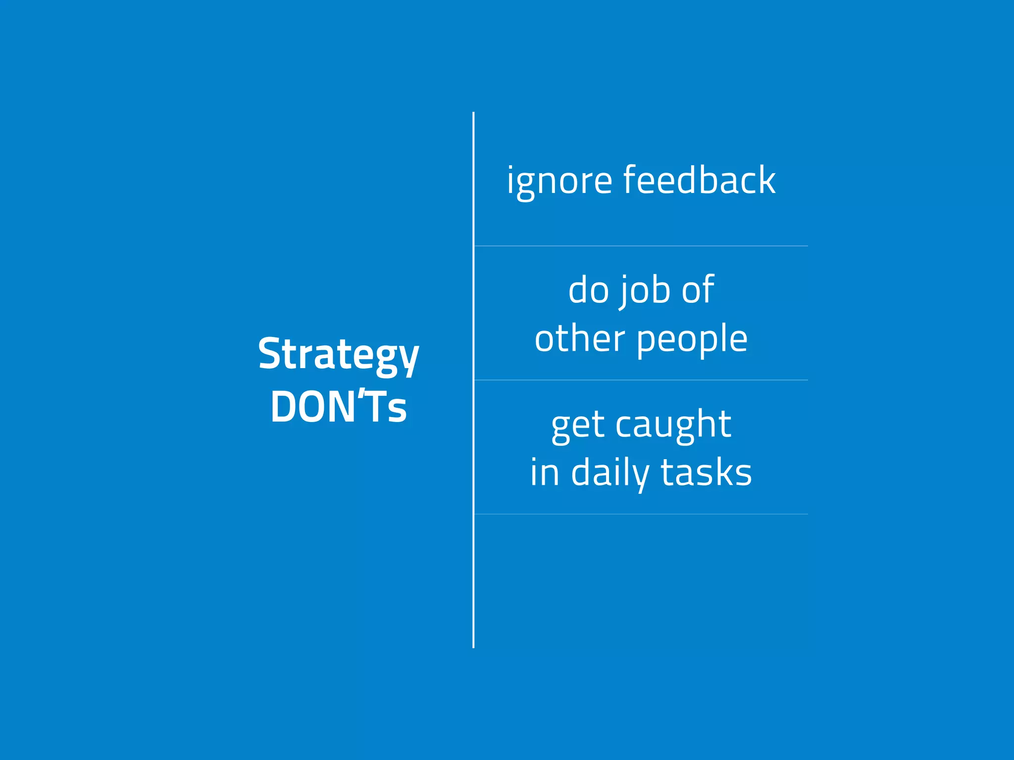 Strategy
DON’Ts
ignore feedback
Strategy
DON’Ts
do job of
other peopleStrategy
DON’Ts get caught
in daily tasks
Strategy
DON’Ts
miss market
change
 