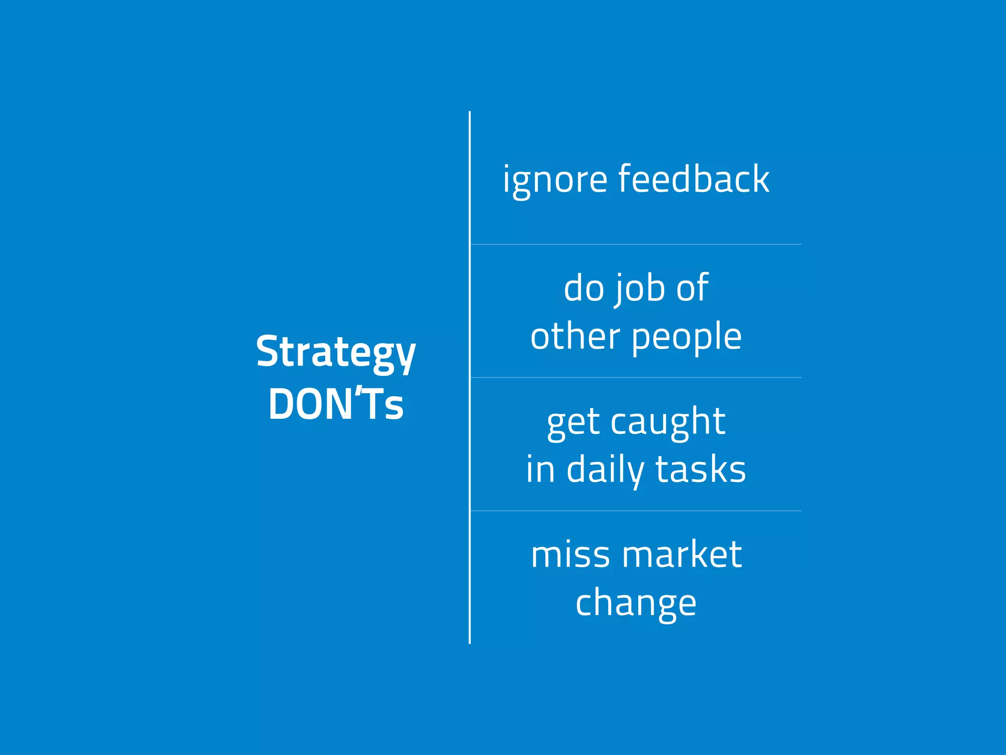 Strategy
DON’Ts
ignore feedback
Strategy
DON’Ts
do job of
other peopleStrategy
DON’Ts get caught
in daily tasks
Strategy
DON’Ts
miss market
change
 