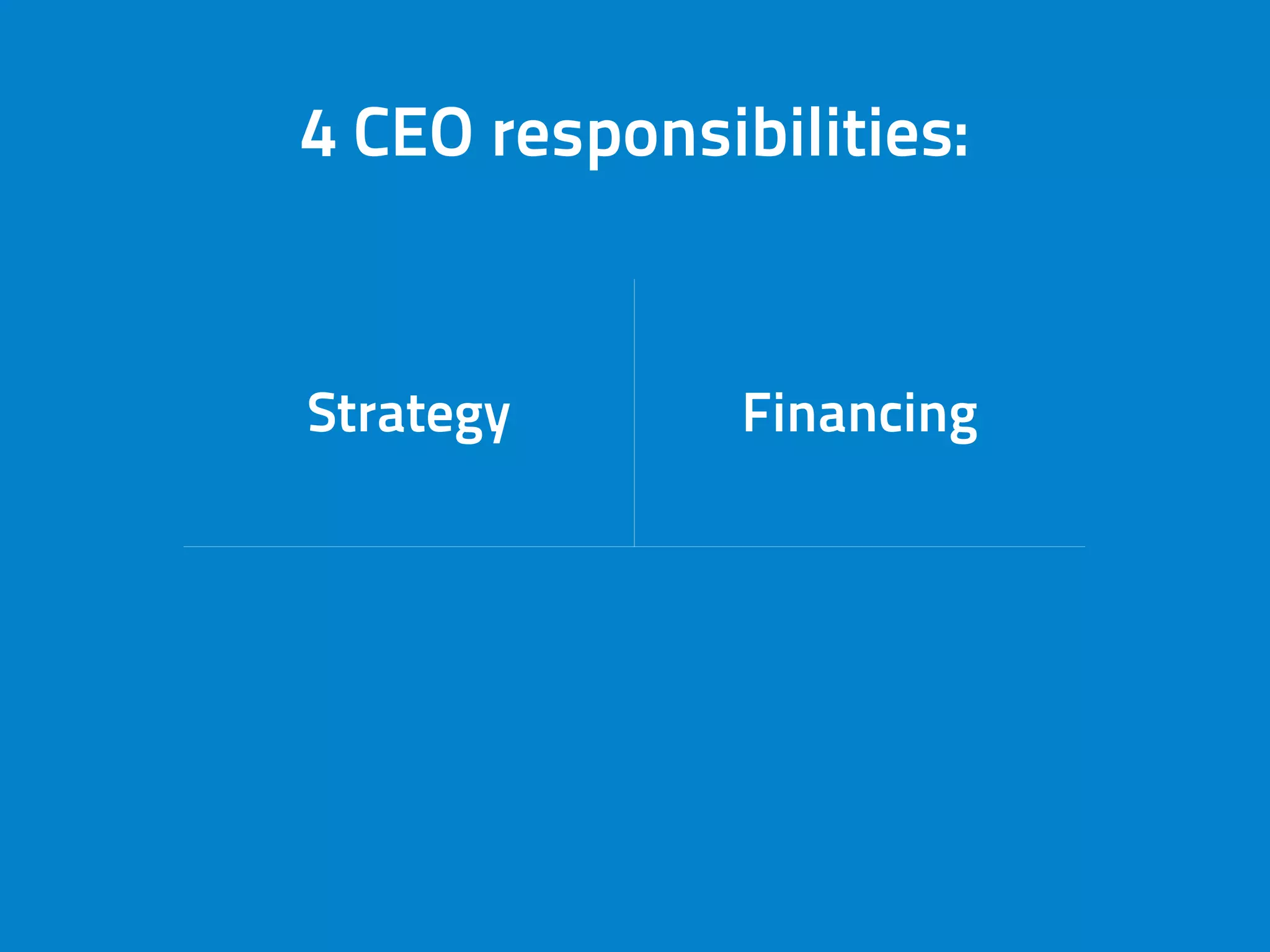 Strategy Financing
Team
Remove
ostacles
4 CEO responsibilities:
 
