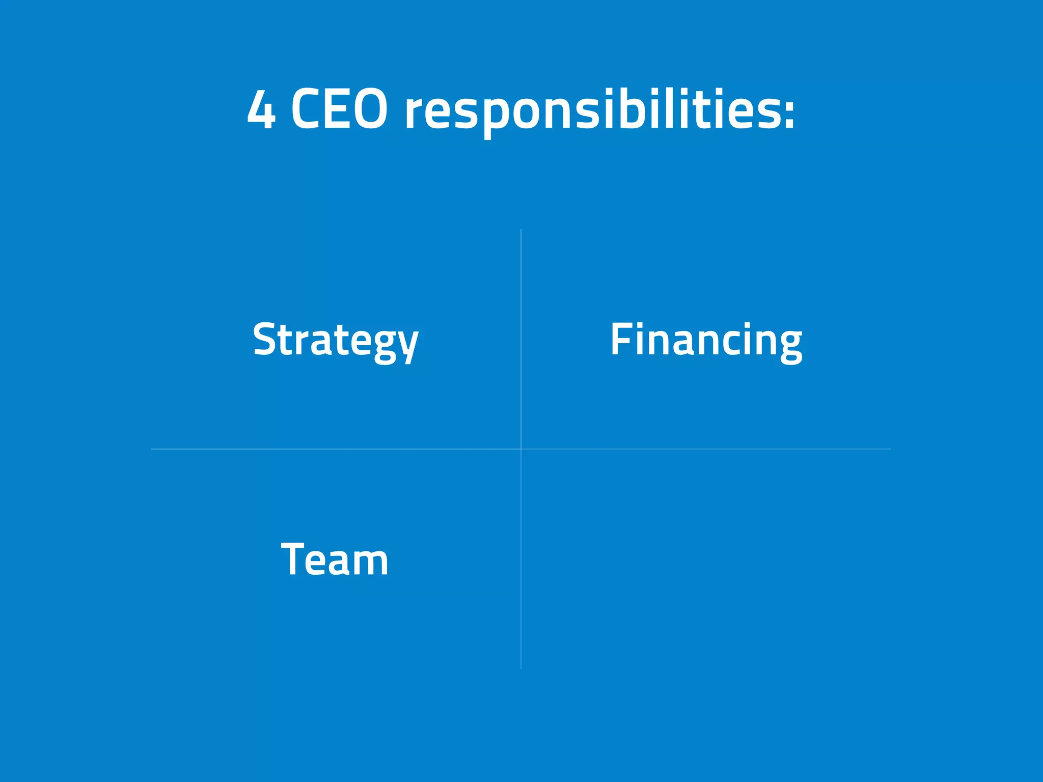 Strategy Financing
Team
Remove
ostacles
4 CEO responsibilities:
 