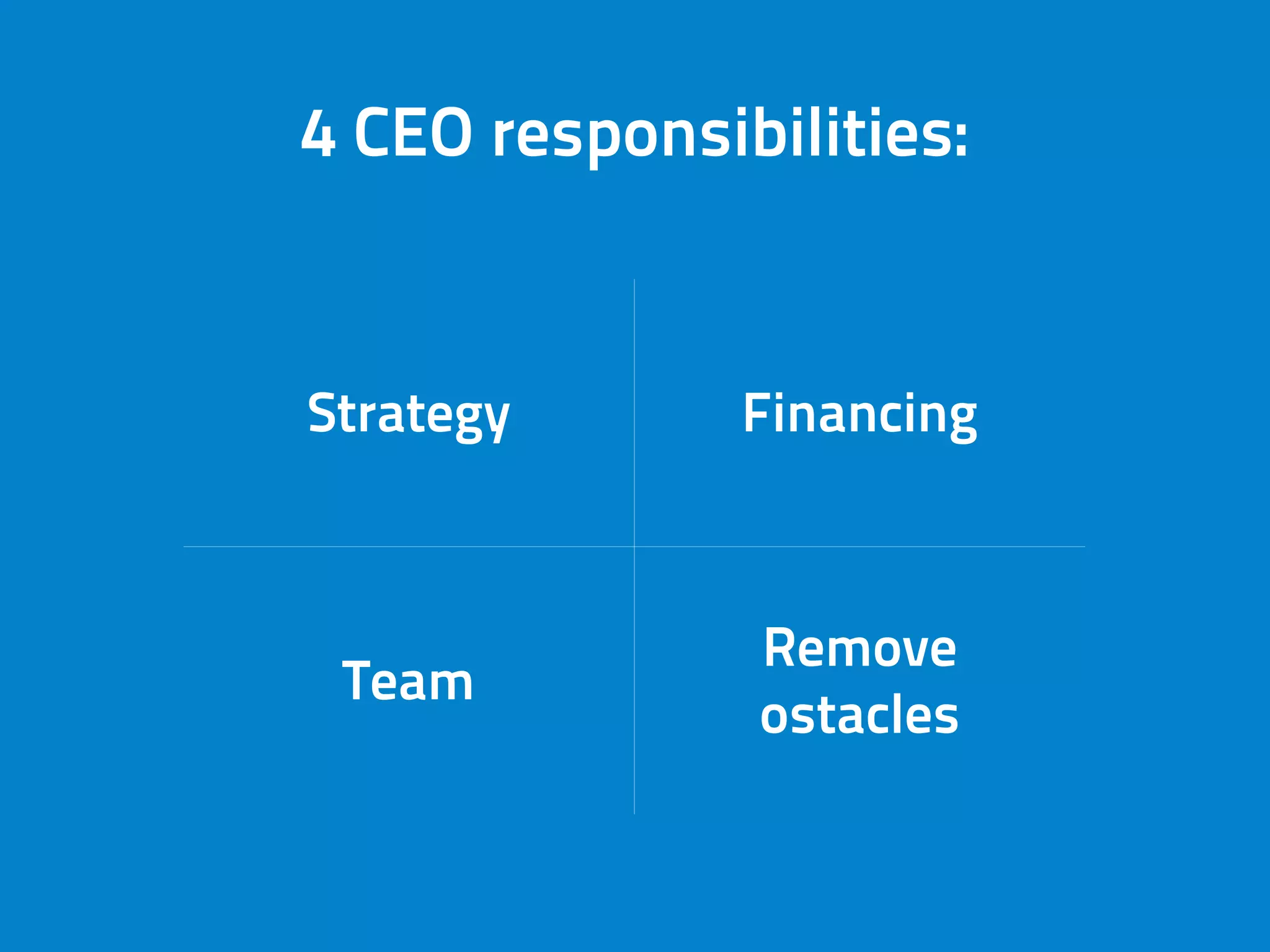 Strategy Financing
Team
Remove
ostacles
4 CEO responsibilities:
 