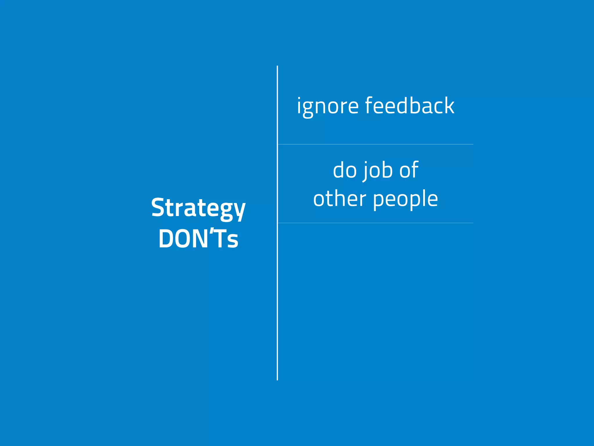 Strategy
DON’Ts
ignore feedback
Strategy
DON’Ts
do job of
other peopleStrategy
DON’Ts get caught
in daily tasks
Strategy
DON’Ts
miss market
change
 