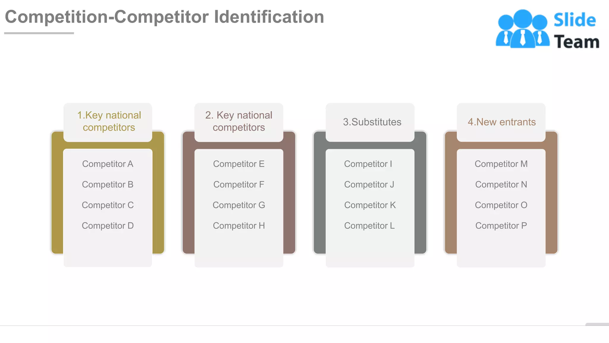 WWW.COMPANY.COM 24
1.Key national
competitors
Competitor A
Competitor B
Competitor C
Competitor D
2. Key national
competitors
Competitor E
Competitor F
Competitor G
Competitor H
3.Substitutes
Competitor I
Competitor J
Competitor K
Competitor L
4.New entrants
Competitor M
Competitor N
Competitor O
Competitor P
Competition-Competitor Identification
 