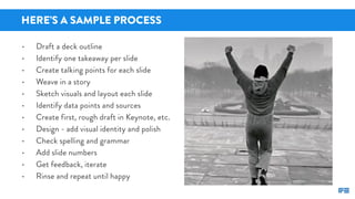 HERE’S A SAMPLE PROCESS
• Draft a deck outline
• Identify one takeaway per slide
• Create talking points for each slide
• ...