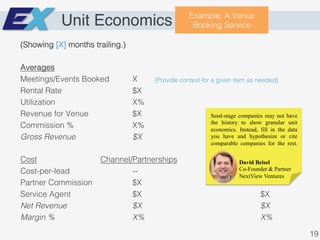 Unit Economics
(Showing [X] months trailing.)!
!
Averages!
Meetings/Events Booked X!
Rental Rate $X!
Utilization X%!
Revenue for Venue $X !
Commission % X%!
Gross Revenue $X!
!
Cost Channel/Partnerships Direct Acquisition!
Cost-per-lead -- $X!
Partner Commission $X --!
Service Agent $X $X!
Net Revenue $X $X!
Margin % X% X%!
Example: A Venue
Booking Service!
[Provide context for a given item as needed]!
19!
David Beisel
Co-Founder & Partner
NextView Ventures
Seed-stage companies may not have
the history to show granular unit
economics. Instead, fill in the data
you have and hypothesize or cite
comparable companies for the rest.
 