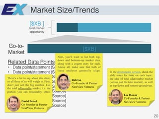 Market Size/Trends
[$XB ]!
total market
opportunity!
[$XB]!
Go-to-
Market!
Related Data Points!
•  Data point/statement (Source)!
•  Data point/statement (Source)!
•  Data point/statement (Source)!
•  Data point/statement (Source)!
•  Data point/statement (Source)!
•  Data point/statement (Source)!
•  Data point/statement (Source)!
•  Data point/statement (Source)!
•  Data point/statement (Source)!
Lee Hower
Co-Founder & Partner
NextView Ventures
In the downloaded version, check the
slide notes for links on each topic:
the idea of total addressable market
(versus just the total market), as well
as top-down and bottom-up analyses.
20!
David Beisel
Co-Founder & Partner
NextView Ventures
There’s a lot to say about this slide,
so all three of us will weigh in. First,
don’t just sell the big number. List
the total addressable market, i.e. the
portion you can reasonably serve.
Rob Go
Co-Founder & Partner
NextView Ventures
Next, you’ll want to list both top-
down and bottoms-up market data,
along with a cogent story for each.
Above all, make sure that both of
these analyses generally align.
 