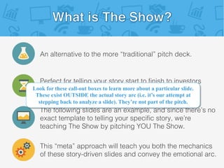 An alternative to the more “traditional” pitch deck.!
Perfect for telling your story start to ﬁnish to investors!
(and doing so in a timely manner).!
This “meta” approach will teach you both the mechanics
of these story-driven slides and convey the emotional arc.!
The following slides are an example, and since there’s no
exact template to telling your speciﬁc story, we’re
teaching The Show by pitching YOU The Show.!
Look for these call-out boxes to learn more about a particular slide.
These exist OUTSIDE the actual story arc (i.e. it’s our attempt at
stepping back to analyze a slide). They’re not part of the pitch.
 
