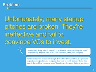 Problem!
Unfortunately, many startup
pitches are broken. They’re
ineffective and fail to
convince VCs to invest.!
!
But the status quo alone isn’t enough. It must lead to a problem. No problem,
no product. No product, no company. You want to really hammer home this
idea of the problem you solve, so we’ll dedicate a few more slides to just that…
5!
Compelling Story, Part 2: Conflict. A problem is encountered by the “hero”
of your story. In your case, that’s your customer, NOT your company
 