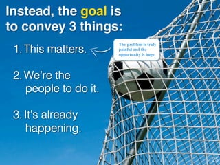 Instead, the goal is
to convey 3 things:
1.  This matters.!
!
2.  We’re the
people to do it.!
!
3.  It’s already
happening.!
The problem is truly
painful and the
opportunity is huge.
25!
 