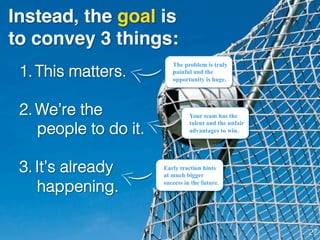 Instead, the goal is
to convey 3 things:
1.  This matters.!
!
2.  We’re the
people to do it.!
!
3.  It’s already
happening.!
The problem is truly
painful and the
opportunity is huge.
Your team has the
talent and the unfair
advantages to win.
Early traction hints
at much bigger
success in the future.
27!
 