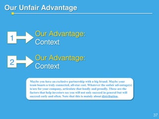 Our Unfair Advantage!
1
Maybe you have an exclusive partnership with a big brand. Maybe your
team boasts a truly connected, all-star cast. Whatever the unfair advantage(s)
is/are for your company, articulate that loudly and proudly. These are the
factors that help investors see you will not only succeed in general but will
succeed early and often. Note that this is mainly about distribution.
Our Advantage:!
Context!
37!
2
Our Advantage:!
Context!
 