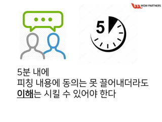 5분 내에
피칭 내용에 동의는 못 끌어내더라도
이해는 시킬 수 있어야 한다
 