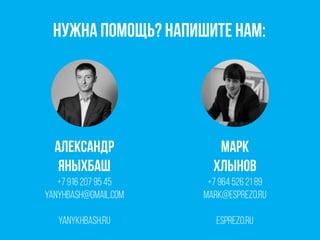 Нужна помощь? Напишите нам:
Александр
Яныхбаш
+7 916 207 95 45
yanyhbash@gmail.com
1
Yanykhbash.ru
Марк
Хлынов
+7 964 526 21 89
mark@esprezo.ru
1
Esprezo.ru
 