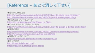 [練習 – あとで消して下さい]
アイデアが良くても伝え方が悪いととても勿体無く映ります。
伝え方をうまくするにはとにかく練習あるのみです。Steve
Jobs ですらかなりの量の練習をしてプレゼンに臨んでいました。
なので、数十回練習するつもりで
• タイマーで測る
• スマホを使ってビデオに撮る
• 友達に聞いてもらう
などをしてとにかく練習してみてください。まずは 20% のドラ
フトが出来た段階で、一度通し練習をしてみるのをお勧めします。
当日、皆さんのアイデアを聞けることを楽しみにしてます。
 
