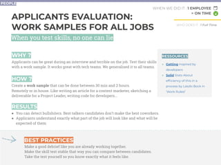 APPLICANTS EVALUATION:
WORK SAMPLES FOR ALL JOBS
WHY ?
Applicants can be great during an interview and terrible on the job...