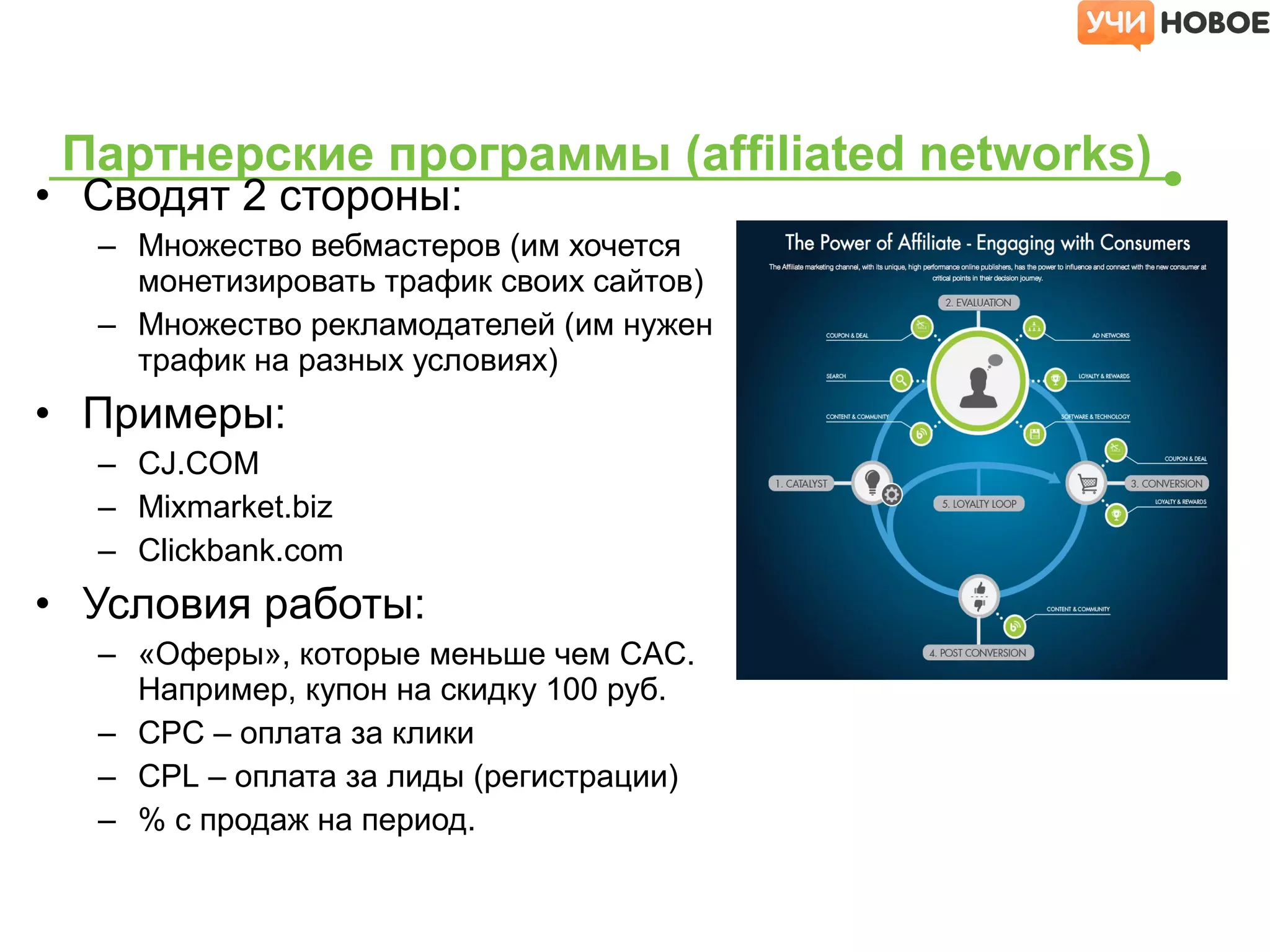 Партнерские программы (affiliated networks)
• Сводят 2 стороны:
– Множество вебмастеров (им хочется
монетизировать трафик своих сайтов)
– Множество рекламодателей (им нужен
трафик на разных условиях)
• Примеры:
– CJ.COM
– Mixmarket.biz
– Clickbank.com
• Условия работы:
– «Оферы», которые меньше чем CAC.
Например, купон на скидку 100 руб.
– CPC – оплата за клики
– CPL – оплата за лиды (регистрации)
– % с продаж на период.
 