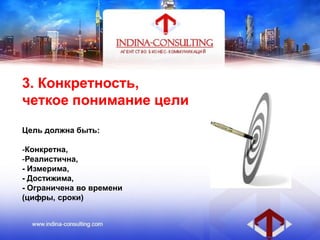 3. Конкретность,
четкое понимание цели
Цель должна быть:
-Конкретна,
-Реалистична,
- Измерима,
- Достижима,
- Ограничена во времени
(цифры, сроки)
 