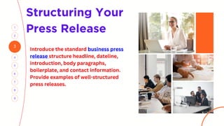3
4
1
5
2
7
6
Structuring Your
Press Release
8
9
Introduce the standard business press
release structure headline, dateline,
introduction, body paragraphs,
boilerplate, and contact information.
Provide examples of well-structured
press releases.
 