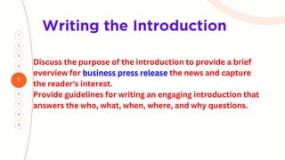 5
3
1
4
2
7
6
8
9
Writing the Introduction
Discuss the purpose of the introduction to provide a brief
overview for business press release the news and capture
the reader's interest.
Provide guidelines for writing an engaging introduction that
answers the who, what, when, where, and why questions.
 