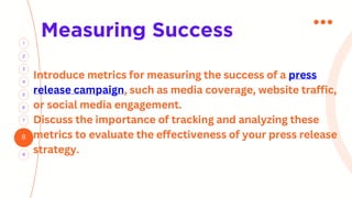 8
3
1
4
2
6
5
7
9
Measuring Success
Introduce metrics for measuring the success of a press
release campaign, such as media coverage, website traffic,
or social media engagement.
Discuss the importance of tracking and analyzing these
metrics to evaluate the effectiveness of your press release
strategy.
 