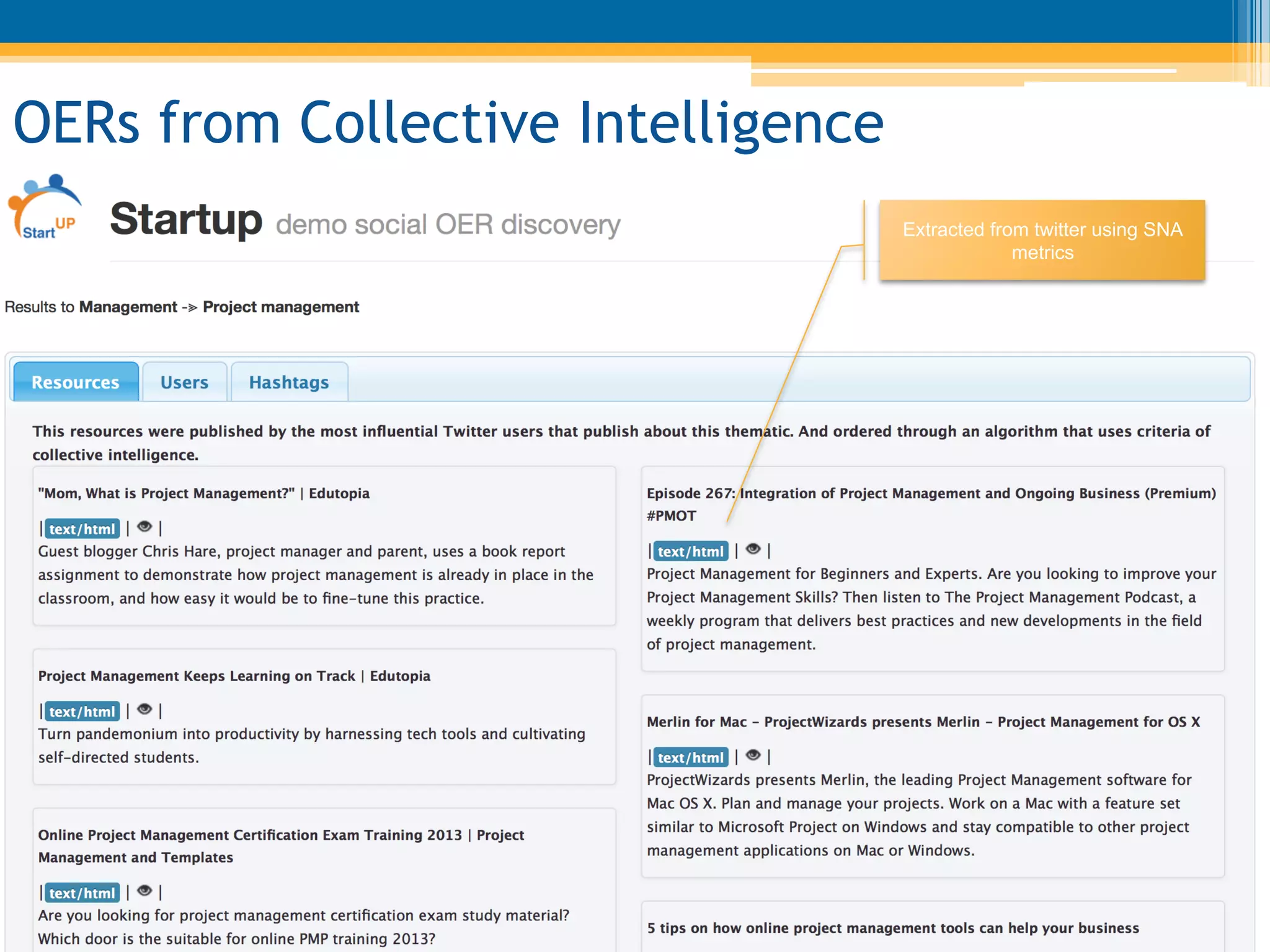 Extracted from twitter using SNA
metrics
OERs from Collective Intelligence
 