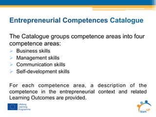 Entrepreneurial Competences Catalogue
The Catalogue groups competence areas into four
competence areas:
Ø  Business skills
Ø  Management skills
Ø  Communication skills
Ø  Self-development skills
For each competence area, a description of the
competence in the entrepreneurial context and related
Learning Outcomes are provided.
 