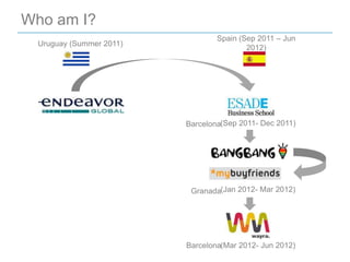 Who am I?
                                  Spain (Sep 2011 – Jun
  Uruguay (Summer 2011)
                                          2012)




                          Barcelona(Sep 2011- Dec 2011)




                           Granada(Jan 2012- Mar 2012)




                          Barcelona(Mar 2012- Jun 2012)
 