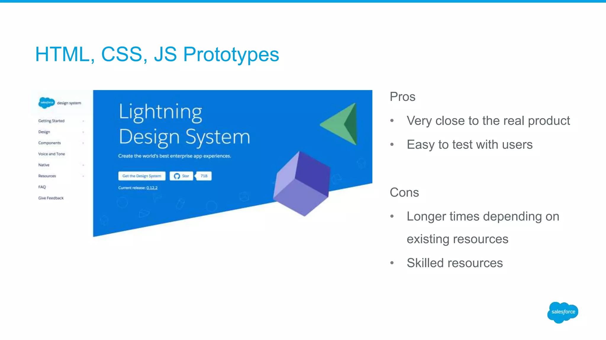 HTML, CSS, JS Prototypes
Pros
• Very close to the real product
• Easy to test with users
Cons
• Longer times depending on
existing resources
• Skilled resources
 