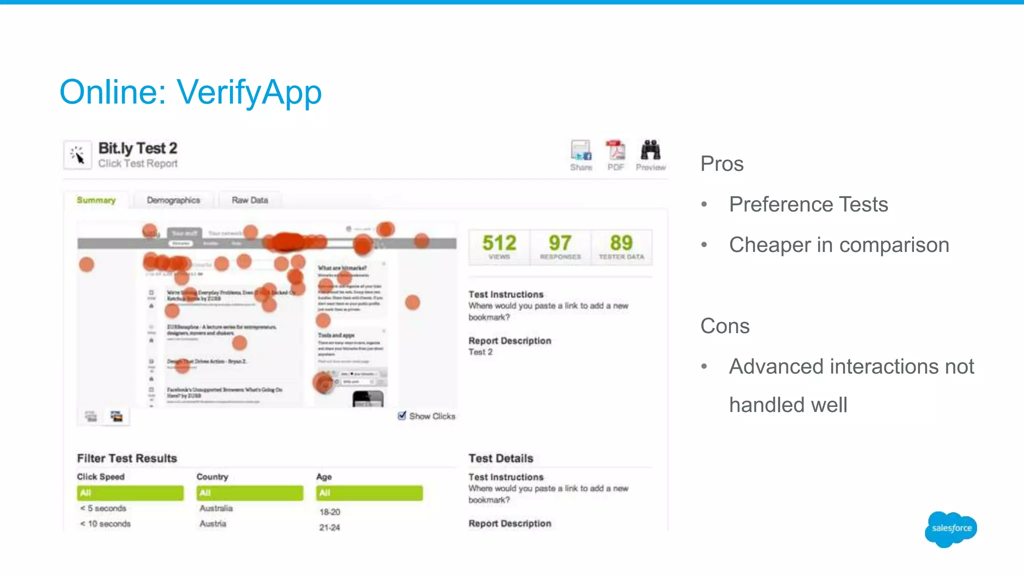 Online: VerifyApp
Pros
• Preference Tests
• Cheaper in comparison
Cons
• Advanced interactions not
handled well
 