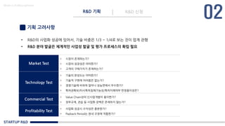 STARTUP R&D
R&D 기획 R&D 신청
Made in KoMyungHwan
기획 고려사항
• R&D의 사업화 성공에 있어서, 기술 비중은 1/3 ~ 1/4로 보는 것이 업계 관행
• R&D 분야 발굴은 체계적인 사업성 발굴 및 평가 프로세스의 확립 필요
Market Test
• 시장이 존재하는가?
• 시장의 성장성은 어떠한가?
• 고객의 구매가치가 존재하는가?
Technology Test
• 기술의 완성도는 어떠한가?
• 기술적 구현에 어려움은 없는가?
• 경쟁기술에 비하여 얼마나 성능면에서 우수한가?
• 특허권확보/타사특허침해가능성/특허치해여부 판정용이성은?
Commercial Test
• Value Chain상의 신사업개발이 용이한가?
• 정부규제, 관습 등 사업화 장벽은 존재하지 않는가?
Profitability Test
• 사업화 성공시 수익성은 충분한가?
• Payback Period는 원내 규정에 적합한가?
 
