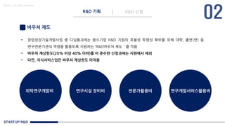 STARTUP R&D
R&D 기획 R&D 신청
Made in KoMyungHwan
바우처 제도
• 창업성장기술개발사업 중 디딤돌과제는 중소기업 R&D 지원의 효율성 투명성 확보를 위해 대학, 출연(연) 등
연구전문기관의 역량을 활용토록 지원하는 ‘R&D바우처 제도＇를 적용
• 바우처 계상한도(20% 이상 40% 이하)를 미 준수한 신청과제는 지원에서 제외
• 다만, 지식서비스업은 바우처 계상한도 미적용
위탁연구개발비 연구시설 장비비 전문가활용비 연구개발서비스활용비
 