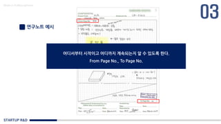 STARTUP R&D
Made in KoMyungHwan
연구노트 예시
어디서부터 시작이고 어디까지 계속되는지 알 수 있도록 한다.
From Page No., To Page No.
 