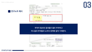 STARTUP R&D
Made in KoMyungHwan
연구노트 예시
부착이 필요한 결과물은 풀로 부착하고
이니셜과 부착물과 노트의 경계에 걸쳐 기재한다.
 