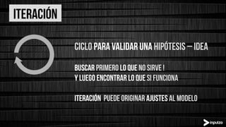 Ciclo para validar una hipótesis – idea
Buscar primero lo que no sirve !
y luego encontrar lo que si funciona
Iteración puede originar ajustes al modelo
iteración
 