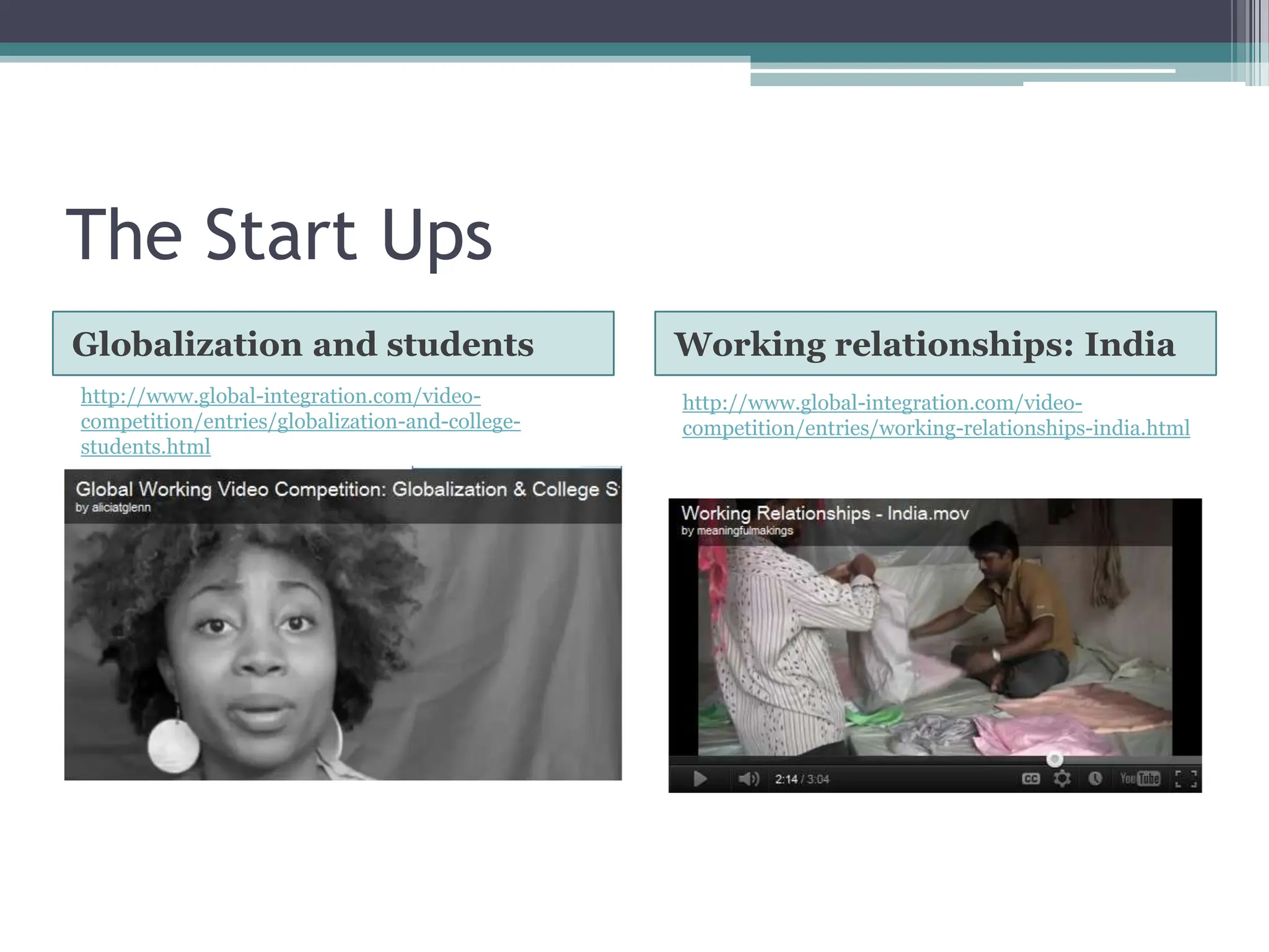 The Start Ups
Globalization and students                       Working relationships: India
http://www.global-integration.com/video-         http://www.global-integration.com/video-
competition/entries/globalization-and-college-   competition/entries/working-relationships-india.html
students.html
 