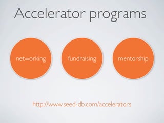 Accelerator programs

networking       fundraising       mentorship




     http://www.seed-db.com/accelerators
 