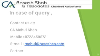In case of query ,
Contact us at:
CA Mehul Shah
Mobile : 9723459572
E-mail : mehul@raseshca.com
Partner
14
 