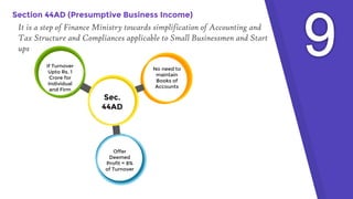 Section 44AD (Presumptive Business Income)
If Turnover
Upto Rs. 1
Crore for
Individual
and Firm
Sec.
44AD
Offer
Deemed
Profit = 8%
of Turnover
No need to
maintain
Books of
Accounts
It is a step of Finance Ministry towards simplification of Accounting and
Tax Structure and Compliances applicable to Small Businessmen and Start
ups
 