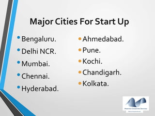 Major Cities For Start Up
•Bengaluru.
•Delhi NCR.
•Mumbai.
•Chennai.
•Hyderabad.
Ahmedabad.
Pune.
Kochi.
Chandigarh.
Kolkata.
 