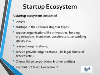 Startup Ecosystem
A startup ecosystem consists of
• people
• startups in their various stages & types
• support organisations like universities, funding
organizations, incubators, accelerators, co-working
spaces etc.
• research organizations,
• service provider organizations (like legal, financial
services etc.)
• Clients (large corporations & other entities)
• Last but not least, Government
 