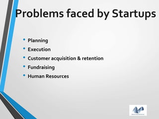 Problems faced by Startups
• Planning
• Execution
• Customer acquisition & retention
• Fundraising
• Human Resources
 