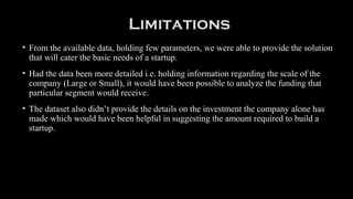 Limitations
• From the available data, holding few parameters, we were able to provide the solution
that will cater the basic needs of a startup.
• Had the data been more detailed i.e. holding information regarding the scale of the
company (Large or Small), it would have been possible to analyze the funding that
particular segment would receive.
• The dataset also didn’t provide the details on the investment the company alone has
made which would have been helpful in suggesting the amount required to build a
startup.
 