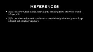 References
• [1] https://www.techinasia.com/talk/27-striking-facts-startups-world-
infographic
• [2] https://docs.microsoft.com/en-us/azure/hdinsight/hdinsight-hadoop-
tutorial-get-started-windows
 