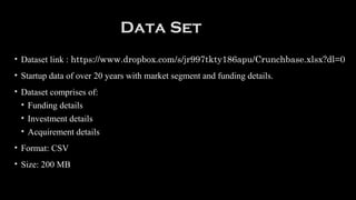 Data Set
• Dataset link : https://www.dropbox.com/s/jr997tkty186apu/Crunchbase.xlsx?dl=0
• Startup data of over 20 years with market segment and funding details.
• Dataset comprises of:
• Funding details
• Investment details
• Acquirement details
• Format: CSV
• Size: 200 MB
 