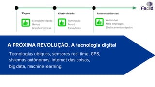 Vapor Eletricidade Automobilística
Transporte rápido
Navios
Grandes fábricas
Iluminação
Metrô
Elevadores
Automóvel
Mais empregos
Deslocamentos rápidos
A PRÓXIMA REVOLUÇÃO. A tecnologia digital
Tecnologias ubíquas, sensores real time, GPS,
sistemas autônomos, internet das coisas,
big data, machine learning.
 
