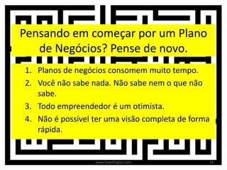 Pensando em começar por um Plano
de Negócios? Pense de novo.
1. Planos de negócios consomem muito tempo.
2. Você não sabe nada. Não sabe nem o que não
sabe.
3. Todo empreendedor é um otimista.
4. Não é possível ter uma visão completa de forma
rápida.
18www.zewellington.com
 