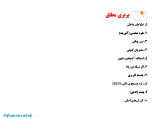 ‫مطلق‬ ‫برتری‬
۱‫داخلی‬ ‫اطلعات‬ .
۲(‫)آتوریته‬ ‫شخصی‬ ‫نفوذ‬ .
۳‫رویایی‬ ‫تیم‬ .
۴‫کنونی‬ ‫مشتریان‬ .
۵‫مشهور‬ ‫‌های‬‫م‬‫آد‬ ‫استفاده‬ .
۶‫زیاد‬ ‫‌ای‬‫ه‬‫شبک‬ ‫اثر‬ .
۷‫کاربری‬ ‫جامعه‬ .
۸) ‫ذاتی‬ ‫جستجوی‬ ‫رتبه‬ .SEO(
۹(‫)گاهی‬ ‫پتنت‬ .
۱۰‫اصلی‬ ‫‌های‬‫ش‬‫ارز‬ .
@ghanemzadeh
 