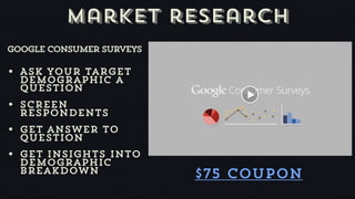 Market research
Google consumer surveys

• Ask your target
  demographic a
  question
• Screen
  respondents
• Get answer to
  question
• Get insights into
  demographic
  breakdown               $75 Coupon
 